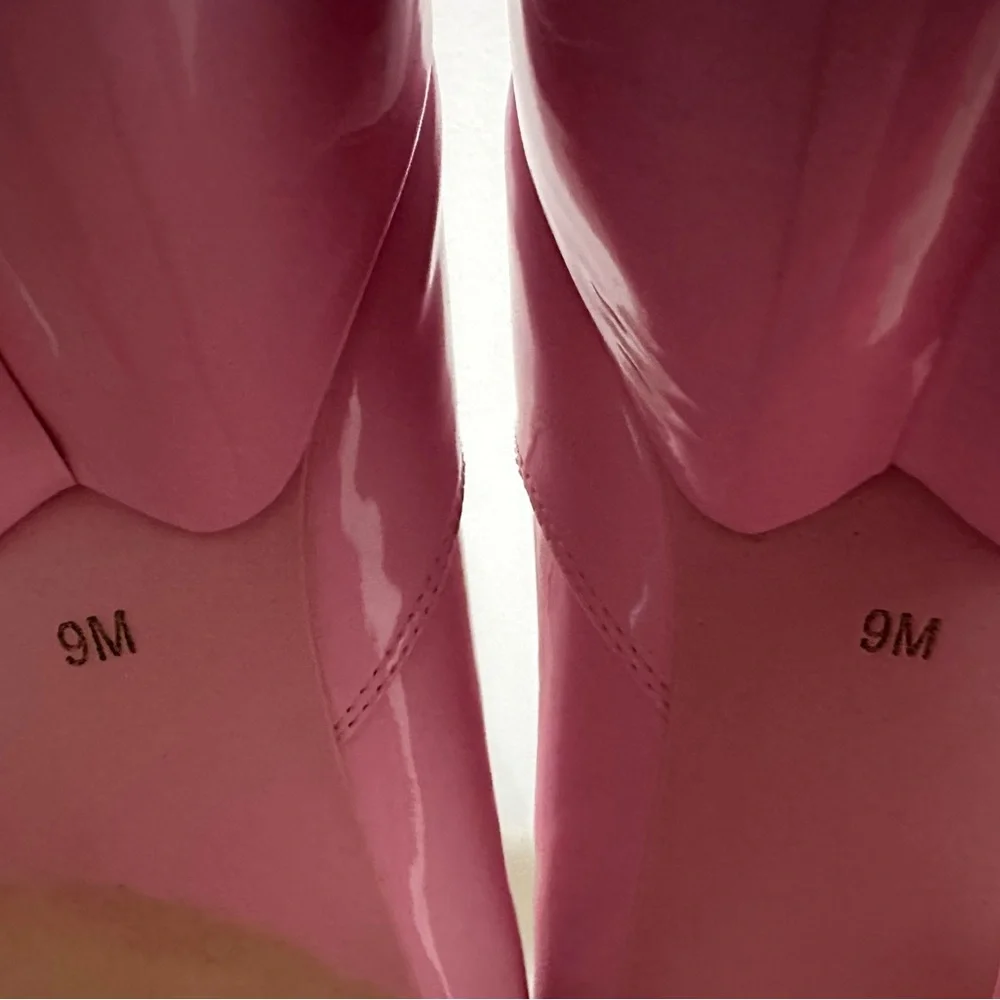 Dolls Kill Glossy Pink Platform Boots with Heart Accents